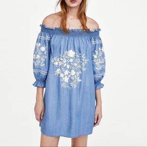 Zara Off the Shoulder Denim Embroidered Dress